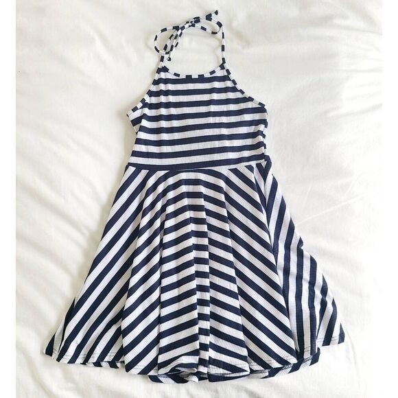 Minkpink Mini Halter Dress Women's Medium Blue White Striped Sleeveless Pleated - Picture 1 of 5